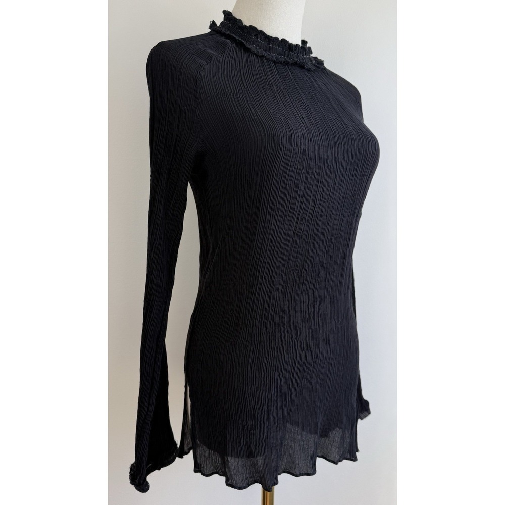 Brochu Walker Silk Top Women's Medium Black Pleated Blouse Ruffled Neck